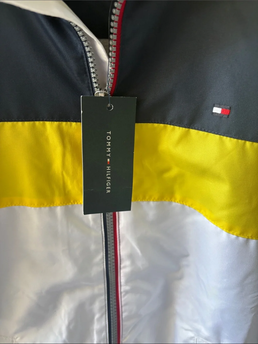 Tommy Hilfiger Kids Navy, Yellow & White Hooded Raincoat, new
